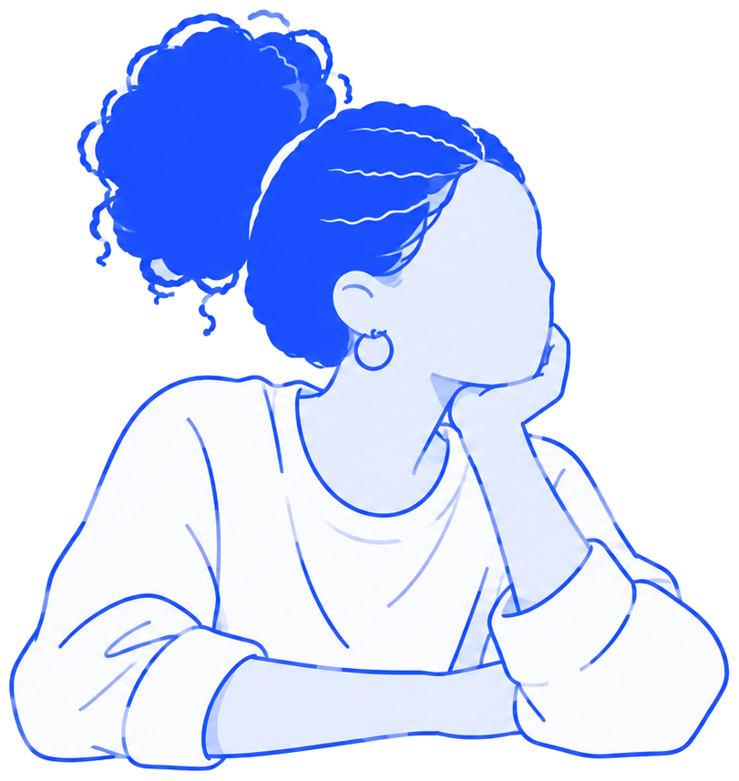 Illustration of a girl with her hair in a bun, resting her chin on her hand and looking into the distance