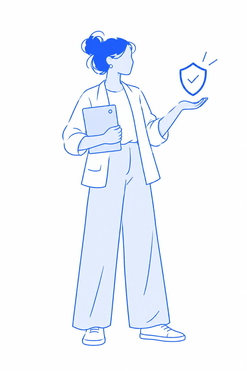 Illustration of a woman holding a tablet and presenting a shield with a check mark