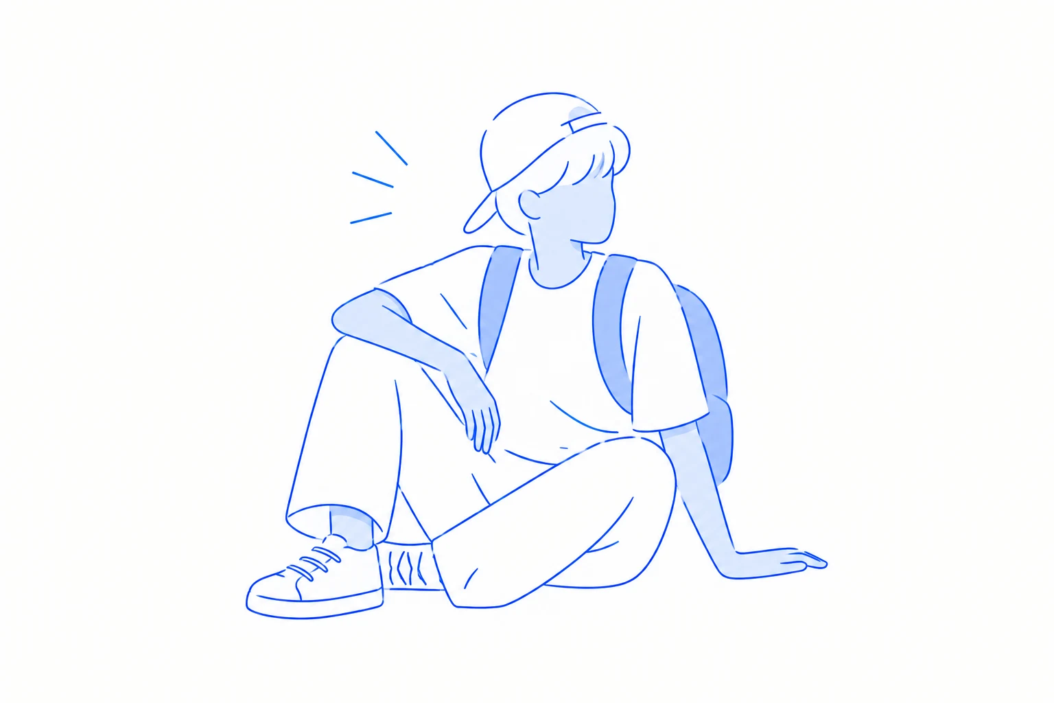 Illustration of a child with a cap and a backpack, sitting on the ground and looking over their shoulder