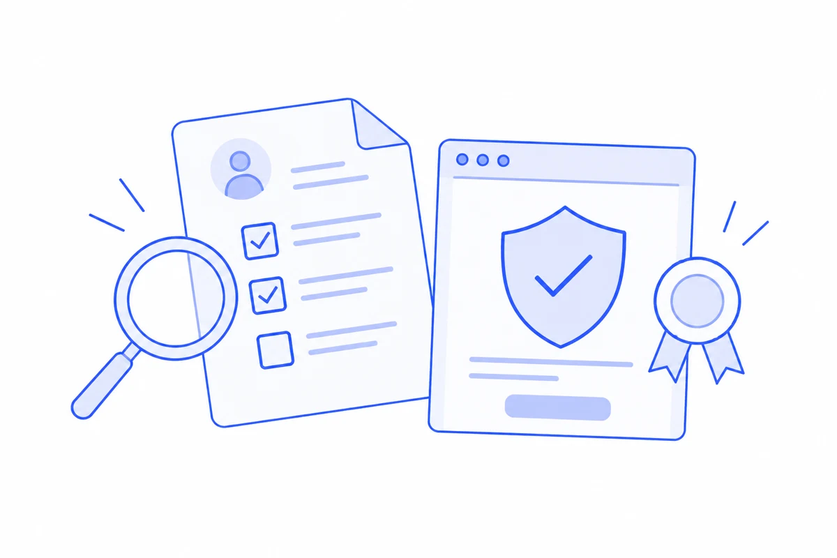 Illustration of an assessment checklist with a magnifying glass, a certified product screen with a shield and a quality seal